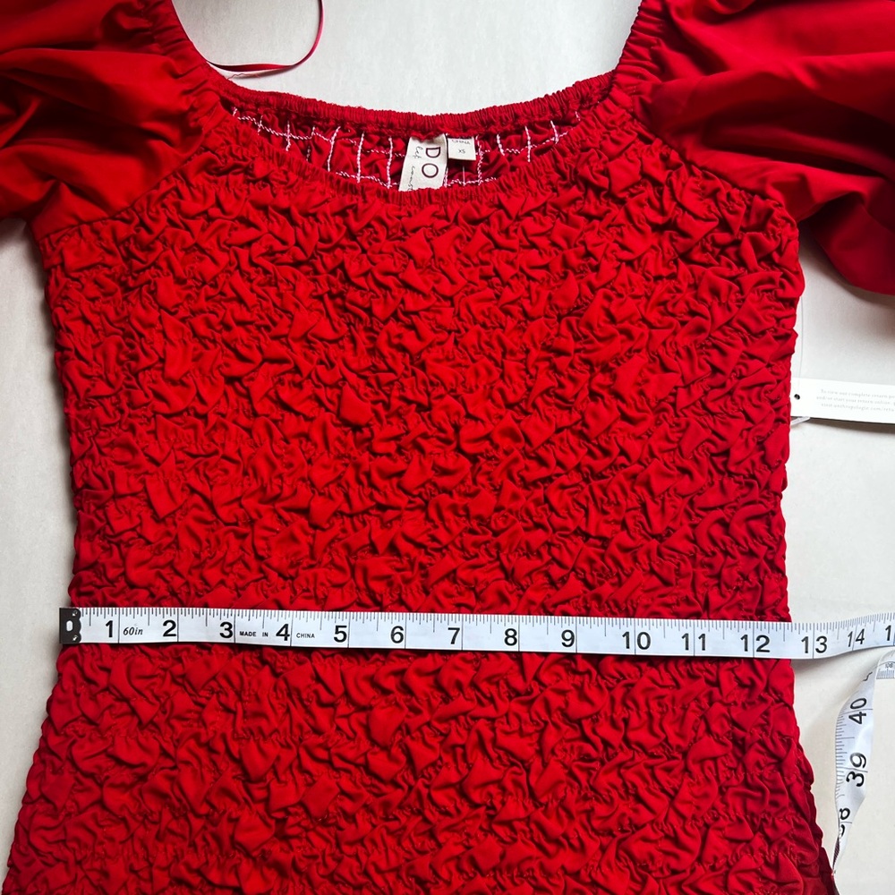 Anthropologie Dolan Red Puff Sleeve Pebble Smocked Ruched Midi Dress Size XS - Picture 11 of 12